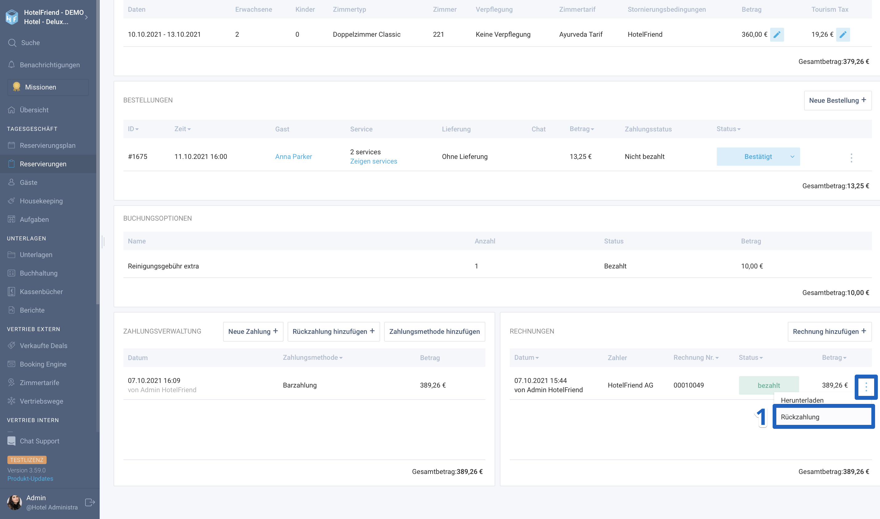 So fügen Sie eine Rückerstattung für die Firmenreservierung per Rechnung hinzu