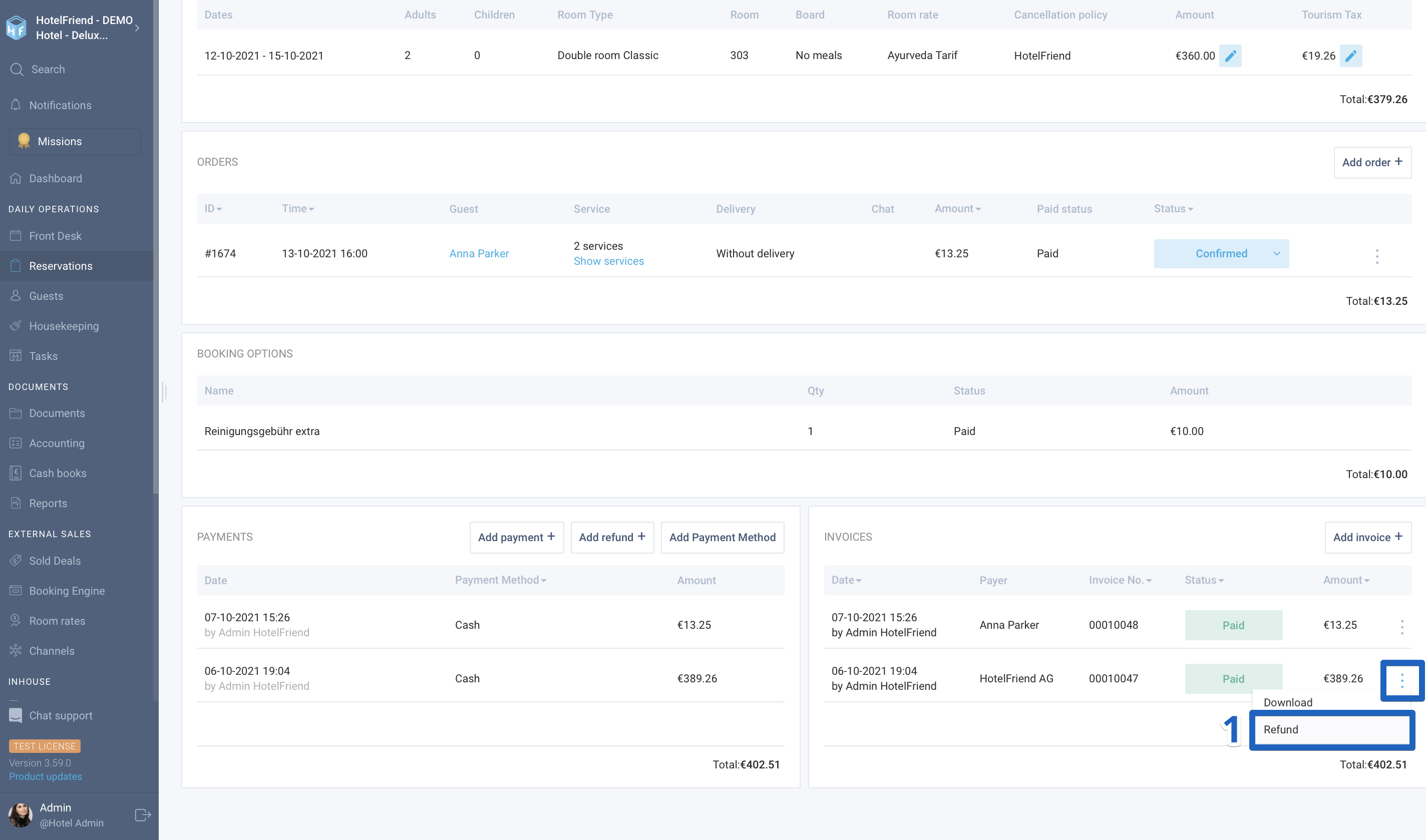 How to add Refund for the Company Reservation by the invoice