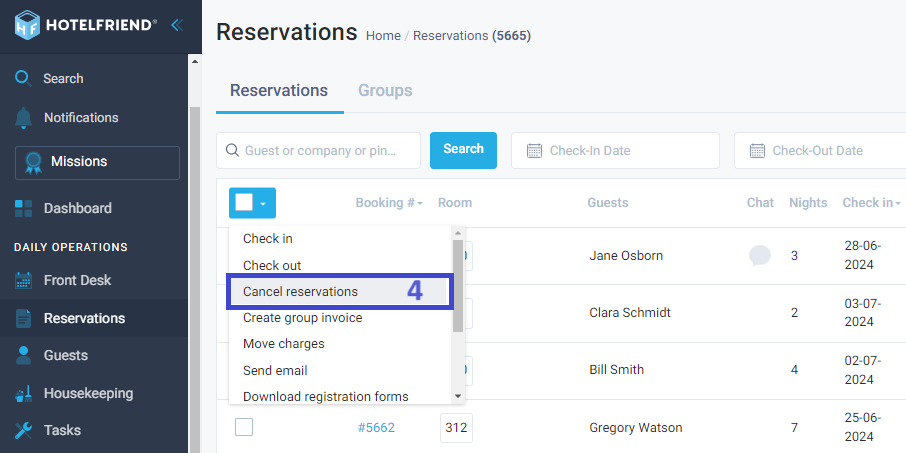 Click the drop-down list to see available operations with reservations