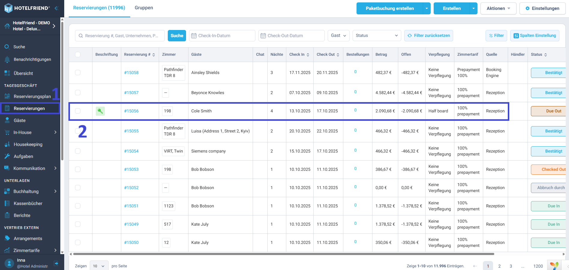 Aufenthaltsdauer über den Bereich „Reservierungen“ ändern.