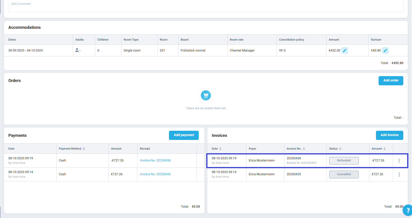 The refunded invoice will appear in the Invoices section with the corresponding status.