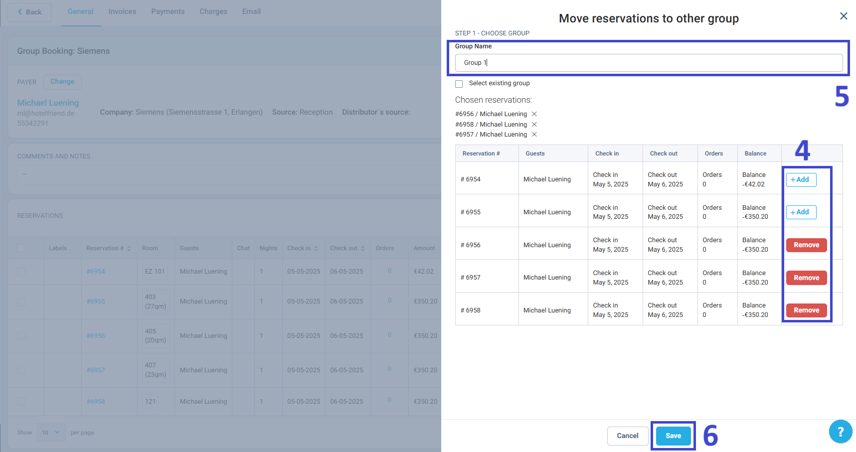 Select where to move the reservations