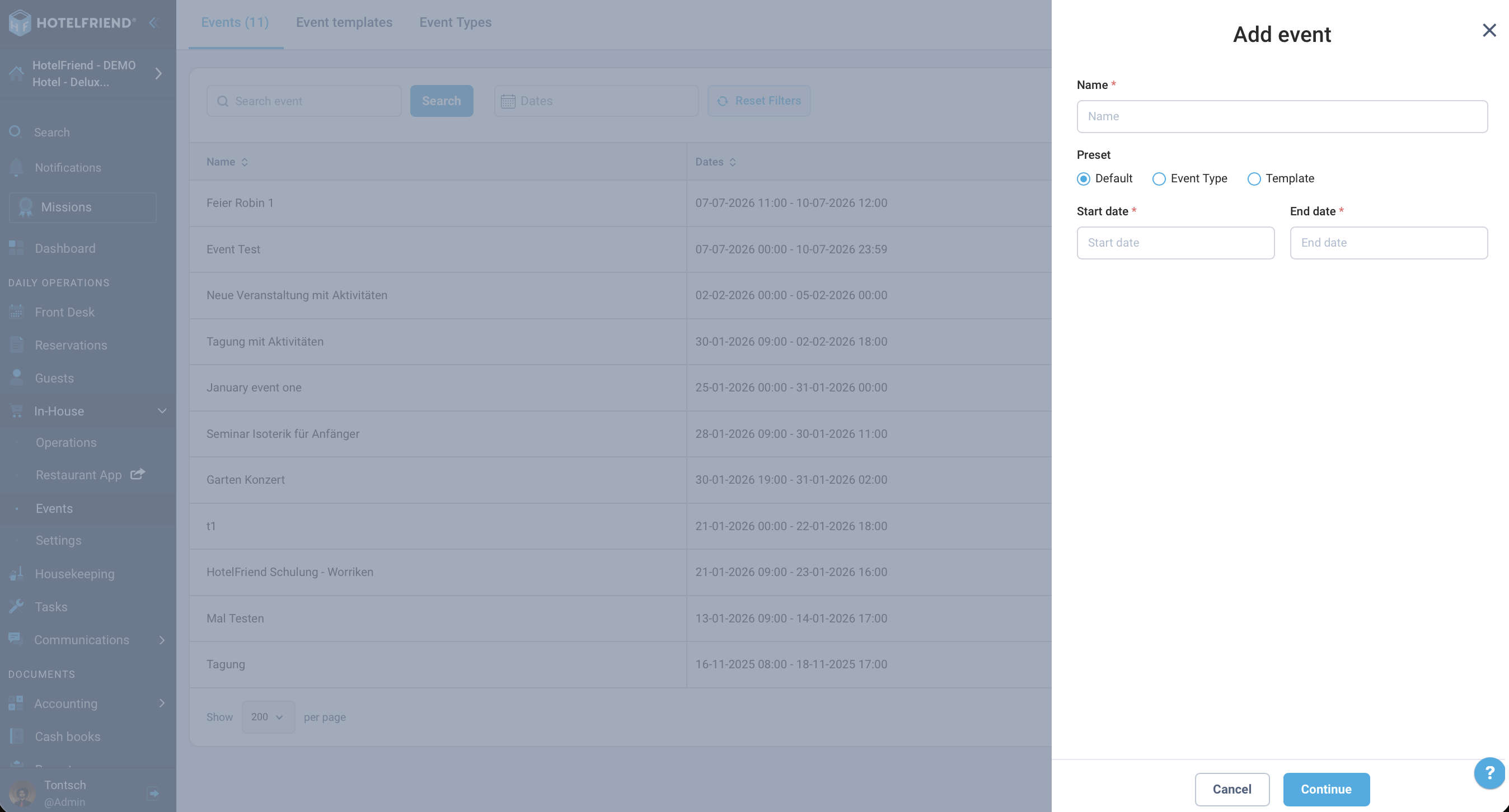 Modal for entering basic info for a new event