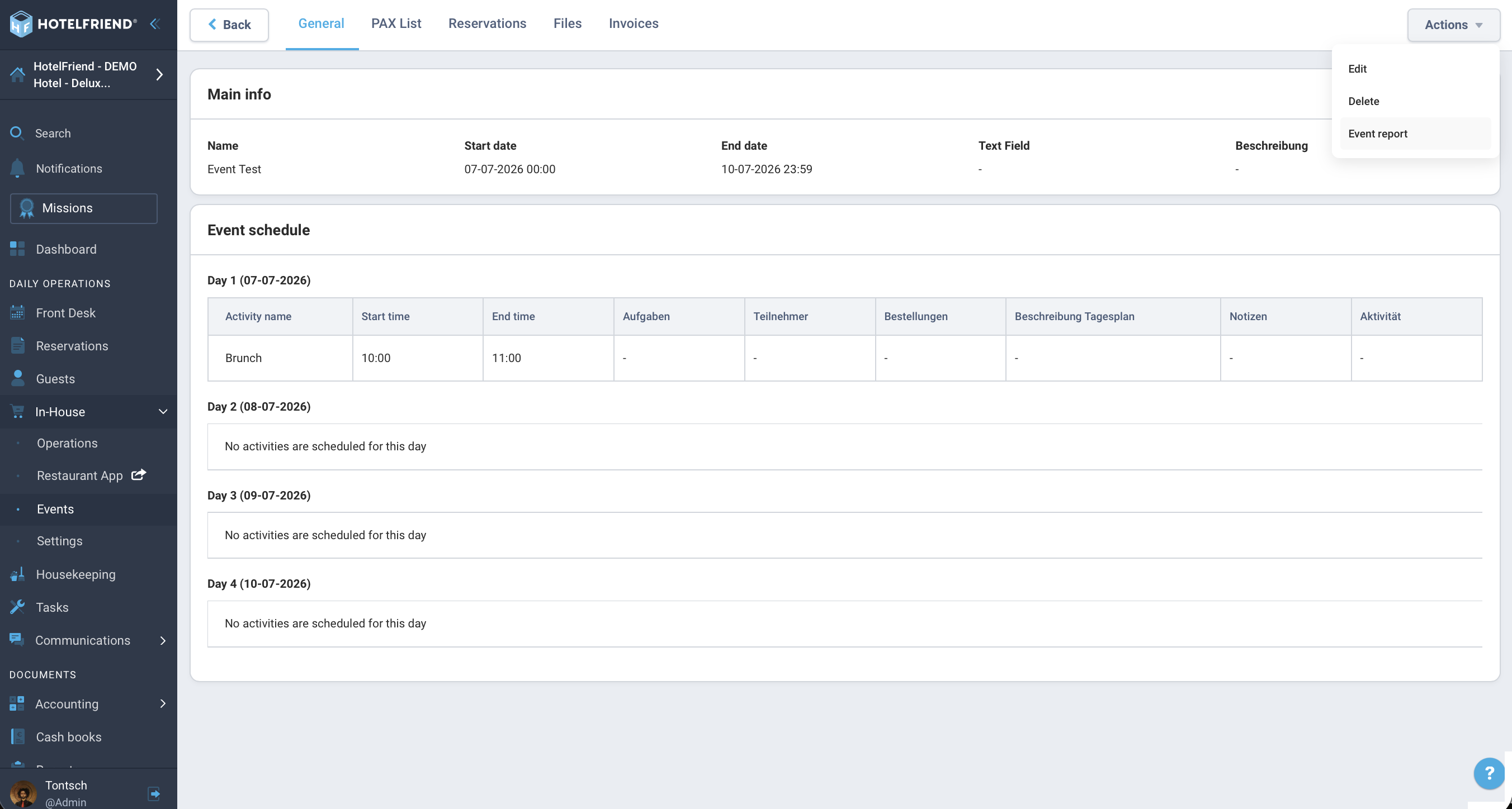 Export menu and Function Sheet / Event Report selection