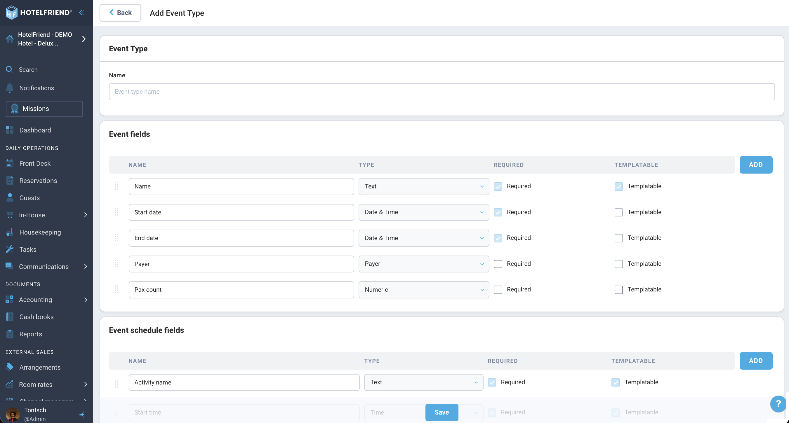 Event Type fields configuration