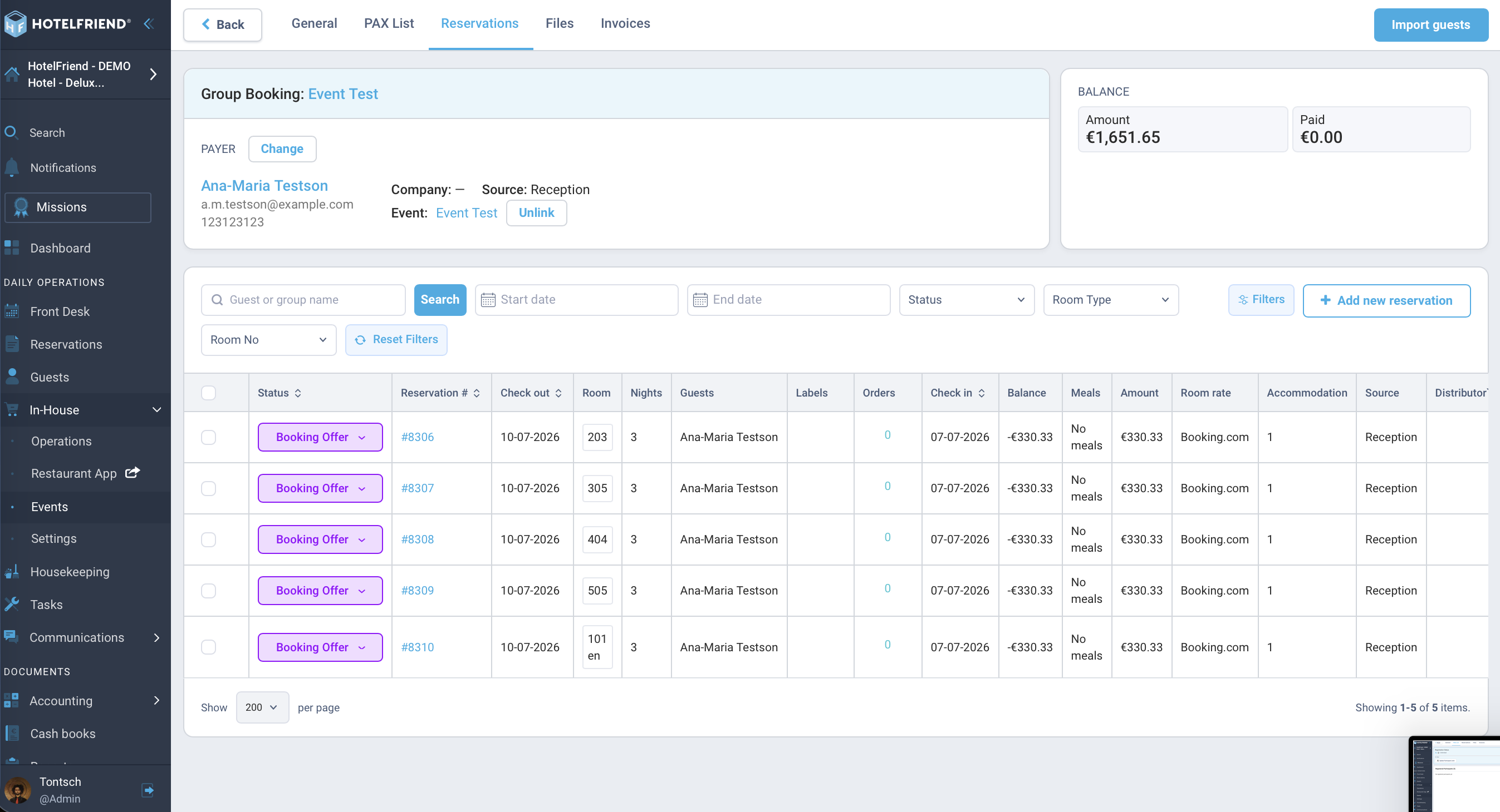 'Reservations' tab with a linked booking