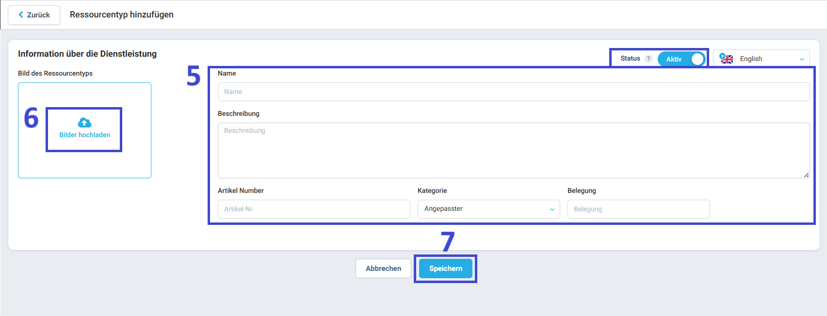 Tragen Sie die erforderlichen Angaben für den neuen Ressourcentyp ein, darunter