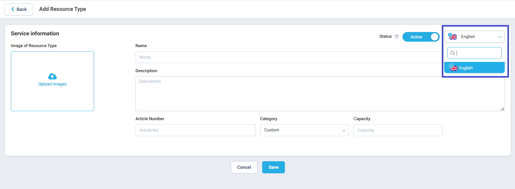 If your account supports multiple languages, switch to the desired language on the Resource Type page. Enter the information in the corresponding language to enhance the experience for your international guests, then save your changes.