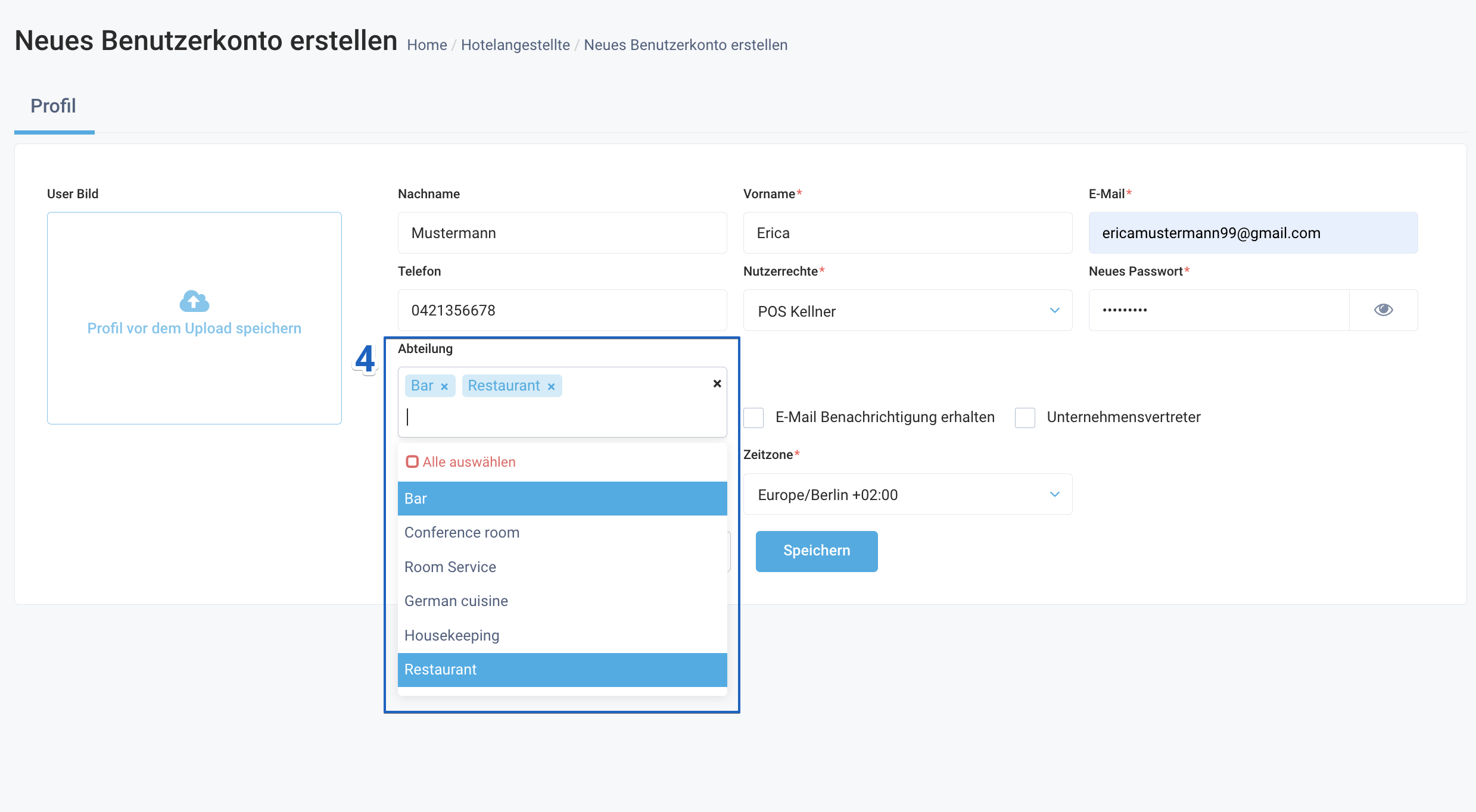 Im Feld Abteilungen wählen Sie die spezifischen Abteilungen aus, zu denen der Benutzer Zugang haben soll.