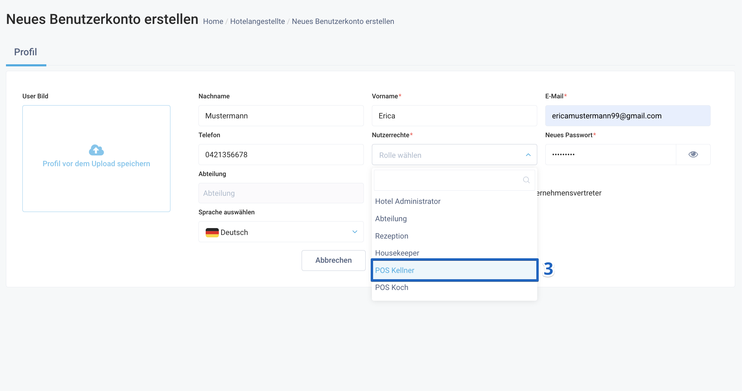 Füllen Sie die notwendigen Benutzerdetails in den vorgegebenen Feldern aus. Im Feld Rolle wählen Sie den gewünschten Verkaufspunkt (POS) aus.