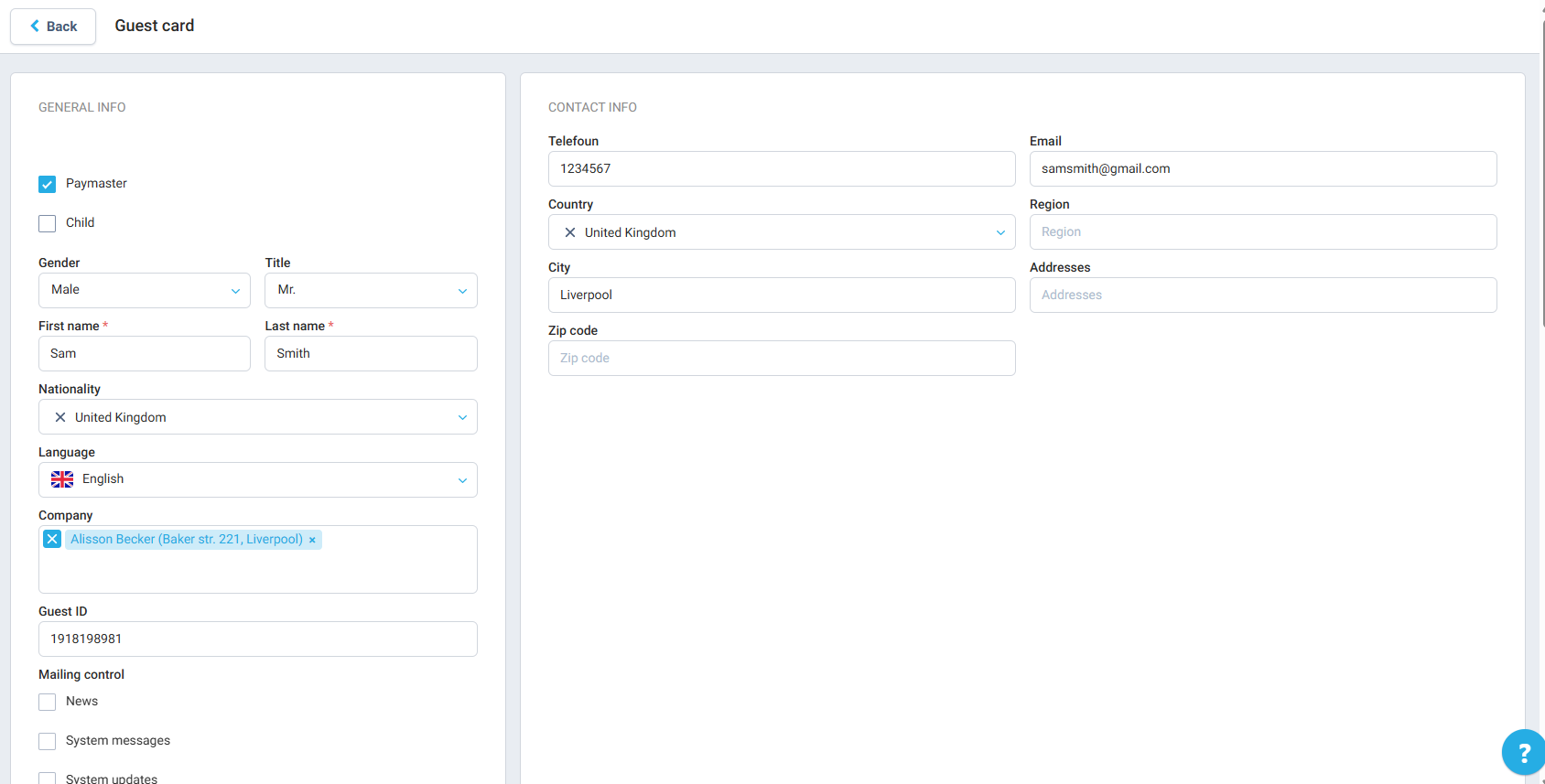 Fill in the guest details across the following sections