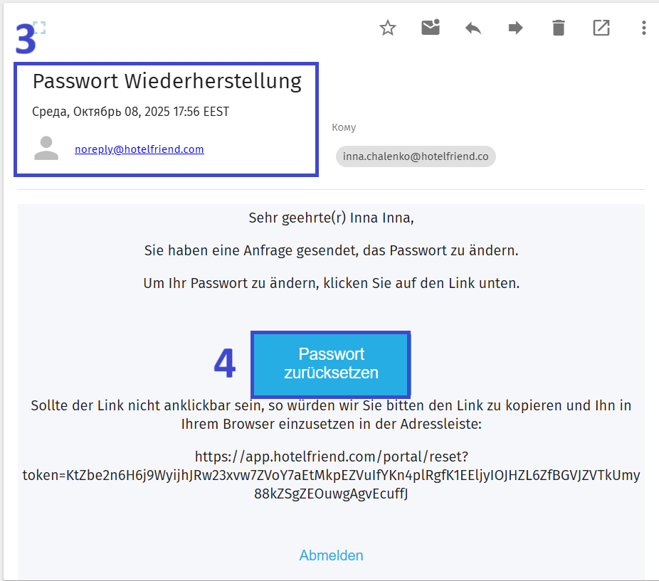 Öffnen Sie die Nachricht und klicken Sie auf Passwort zurücksetzen.