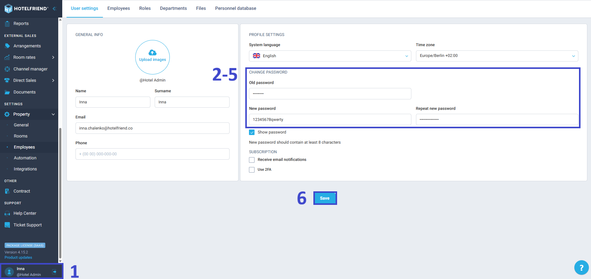 Changing your password in User settings