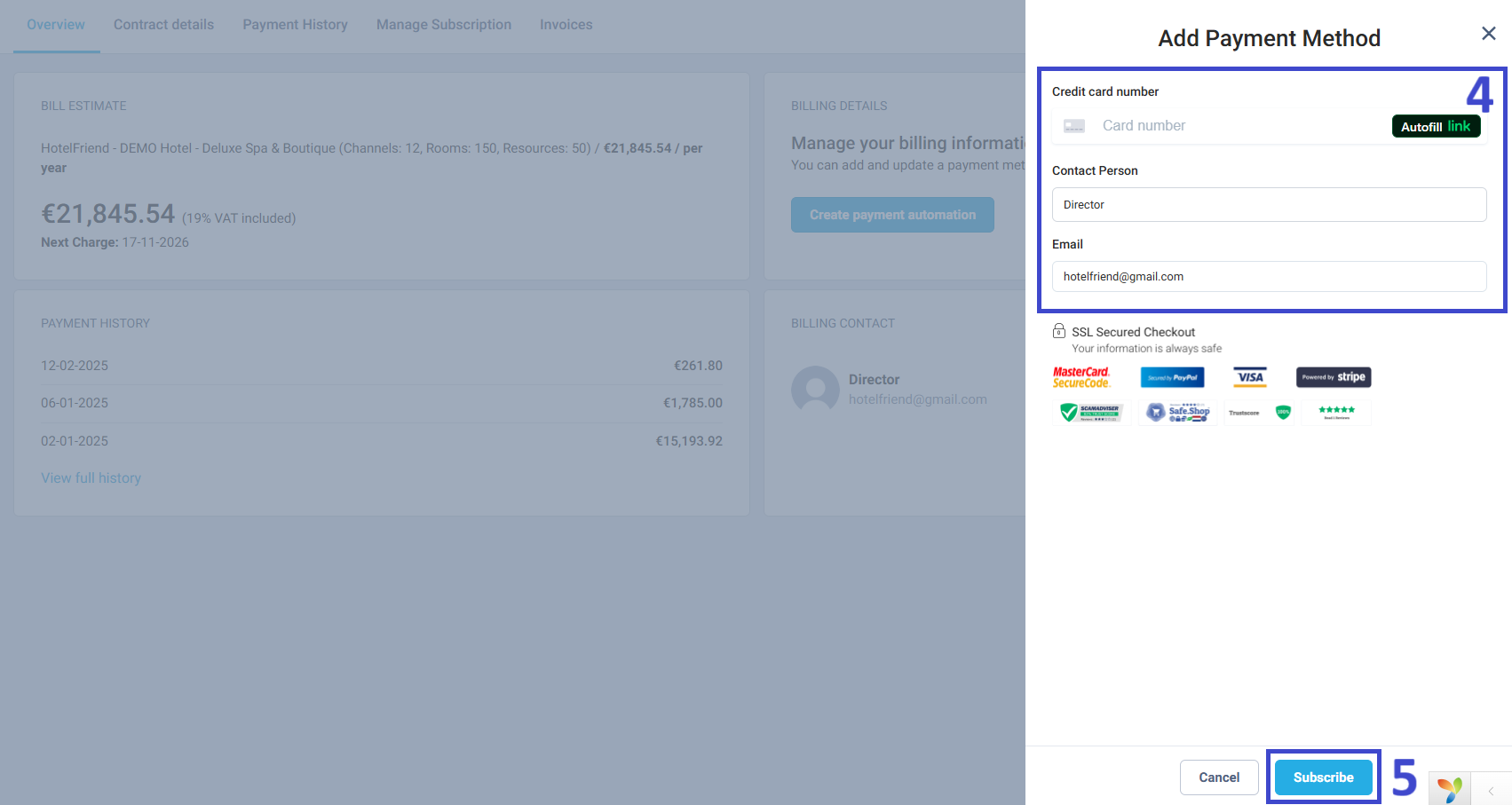Click Subscribe to save the payment method securely.