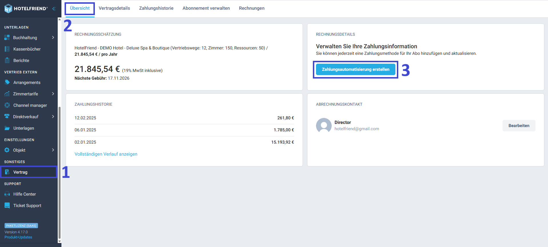 Klicken Sie im Abschnitt Rechnungsdetails auf Zahlungsautomatisierung erstellen.