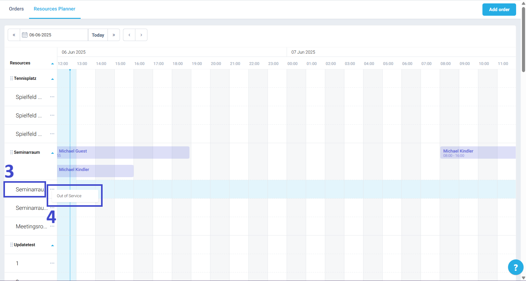 Click on the three dots next to the resource and select the Out of Service option.