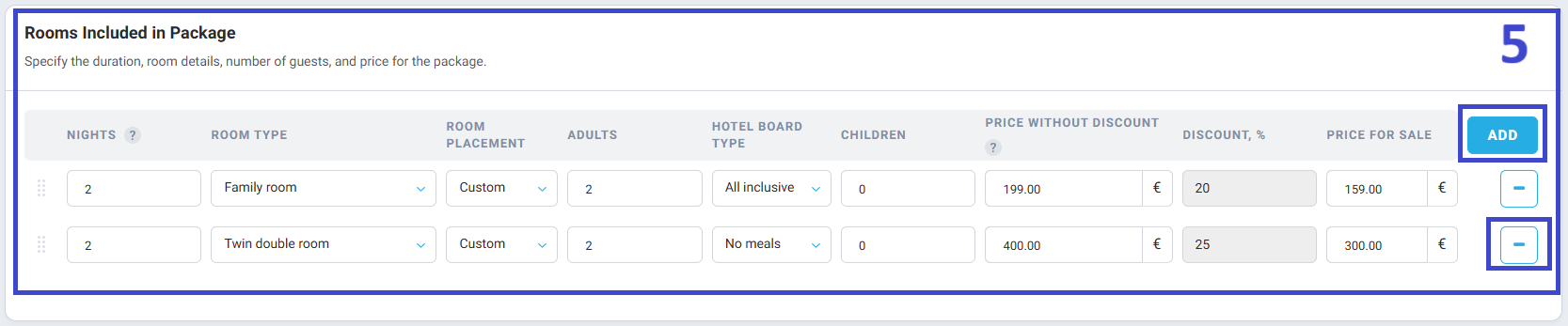 nder Rooms Included in Package, specify