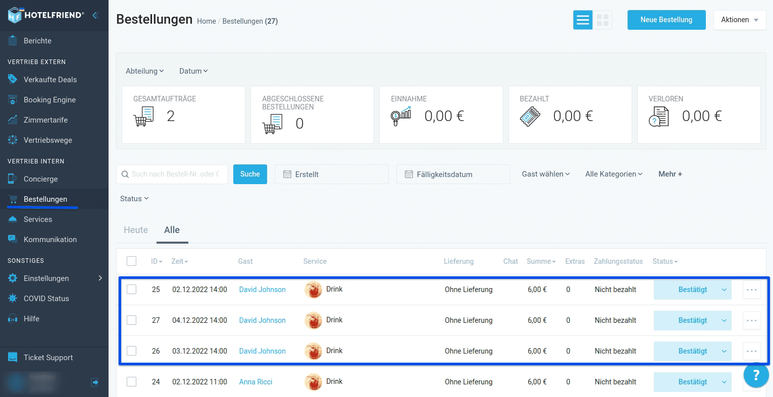 Sie können alle erstellten Bestellungen im Modul Bestellungen, in der Gästekarte überprüfen.