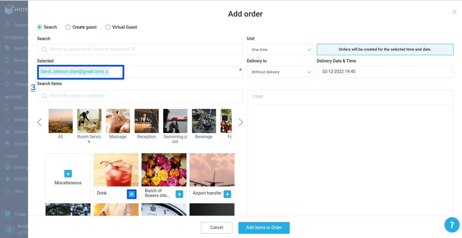 In the window that opens, add information about guests, and select services by clicking on the “+” button.