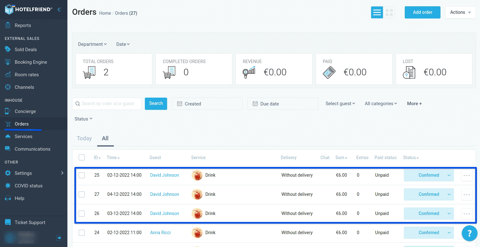You can check all created orders in the Orders module, in the guest booking card, or in the guest card.