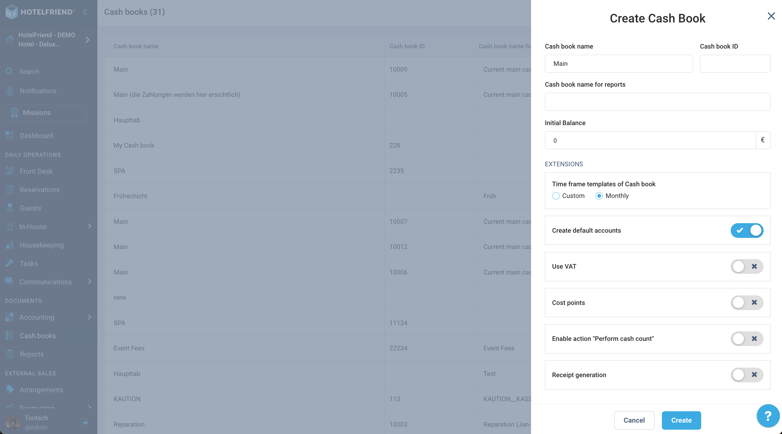 Create cash book dialog with name, ID, opening balance and extension toggles