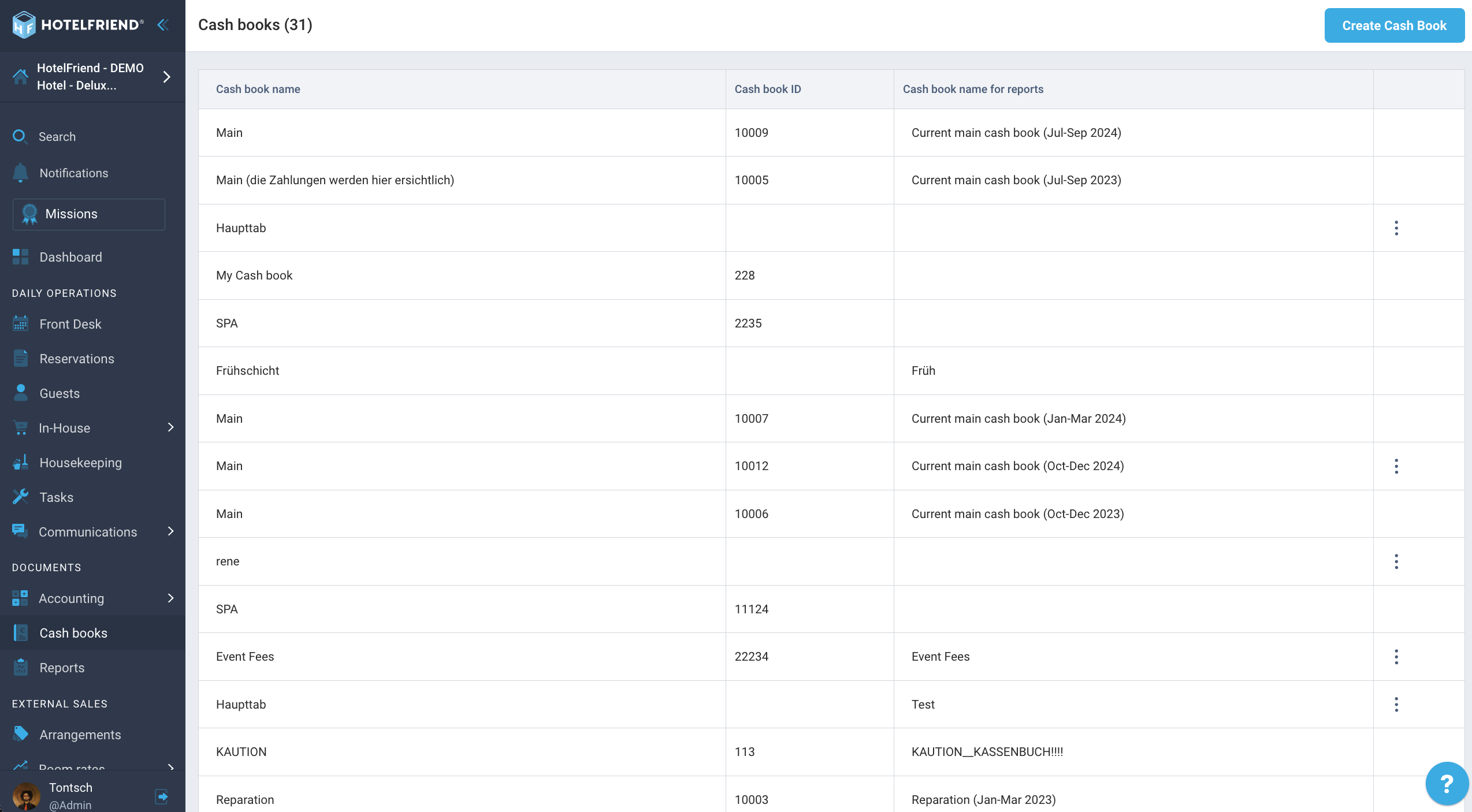 Cash books overview listing all cash books with name, ID and report name columns