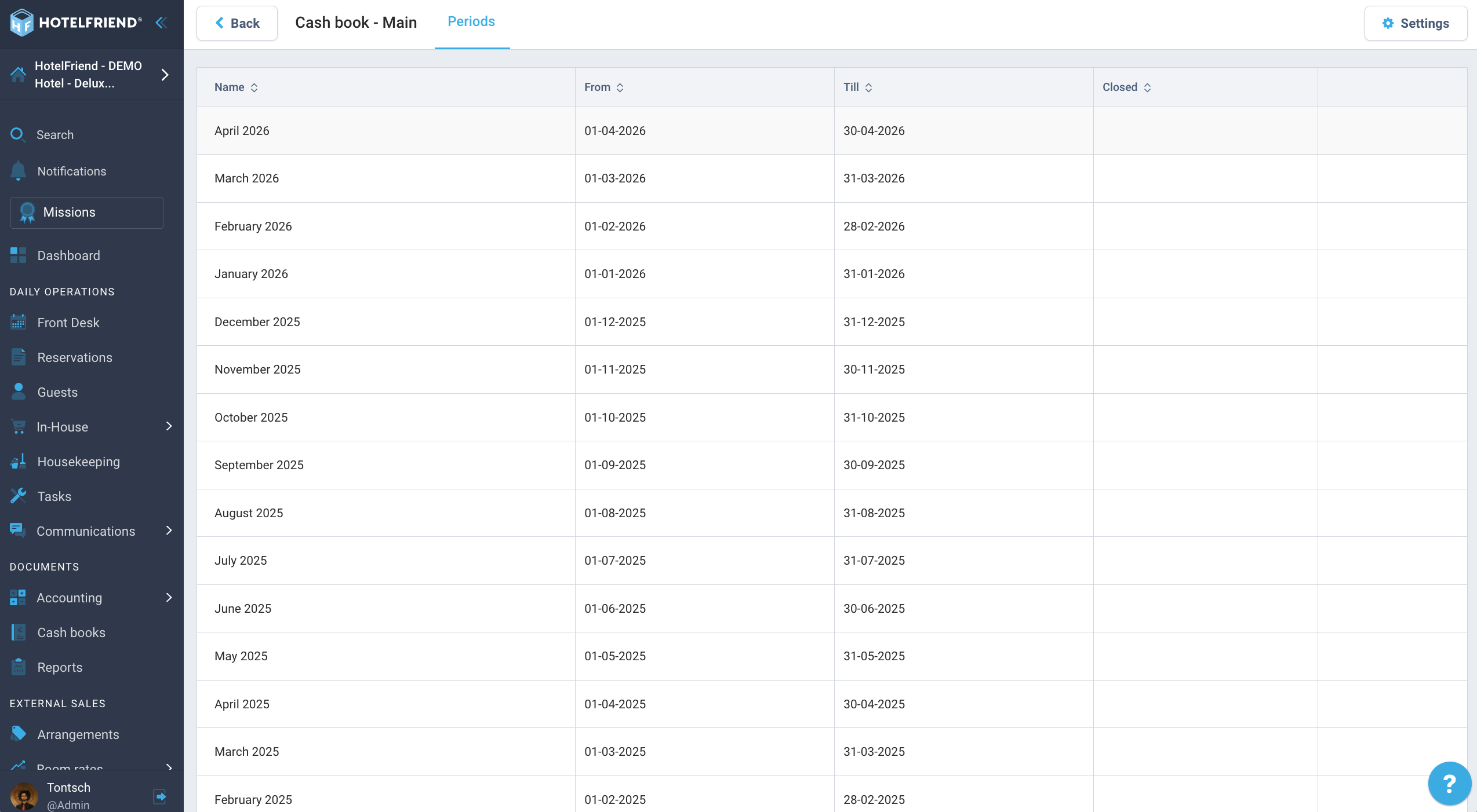 Cash book time periods list showing period name, start date, end date and closed status