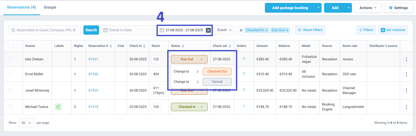 The system will open a filtered list of reservations that match this status for the date.