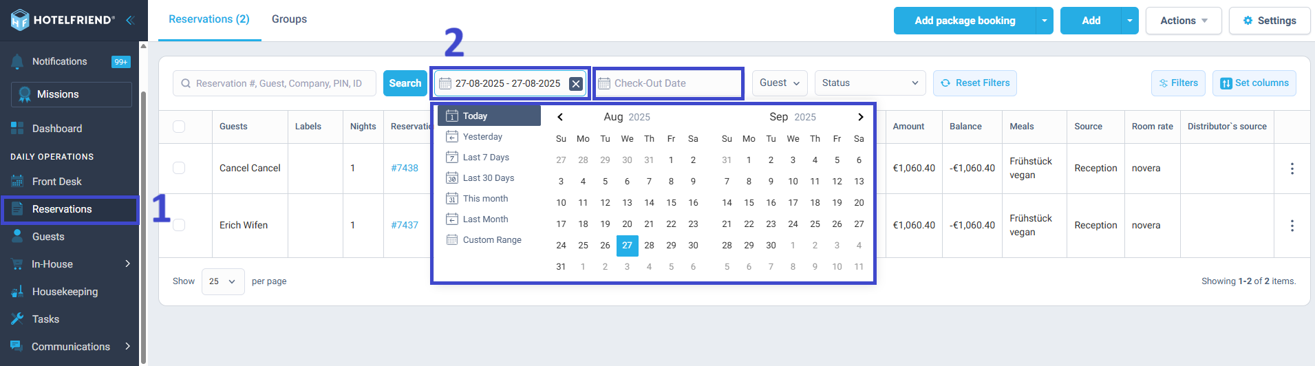 Filters in the Reservations module