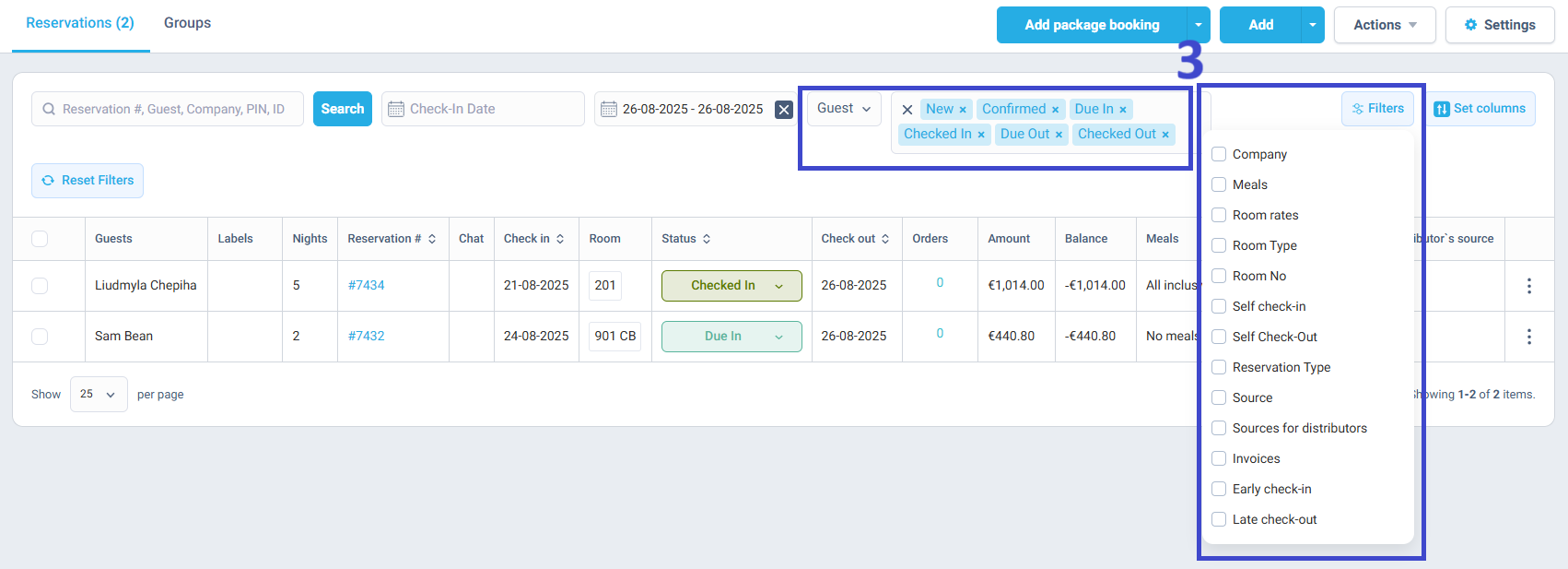 You can also filter by guest name, status, or other attributes (such as Company, Meals, Room No., etc.)