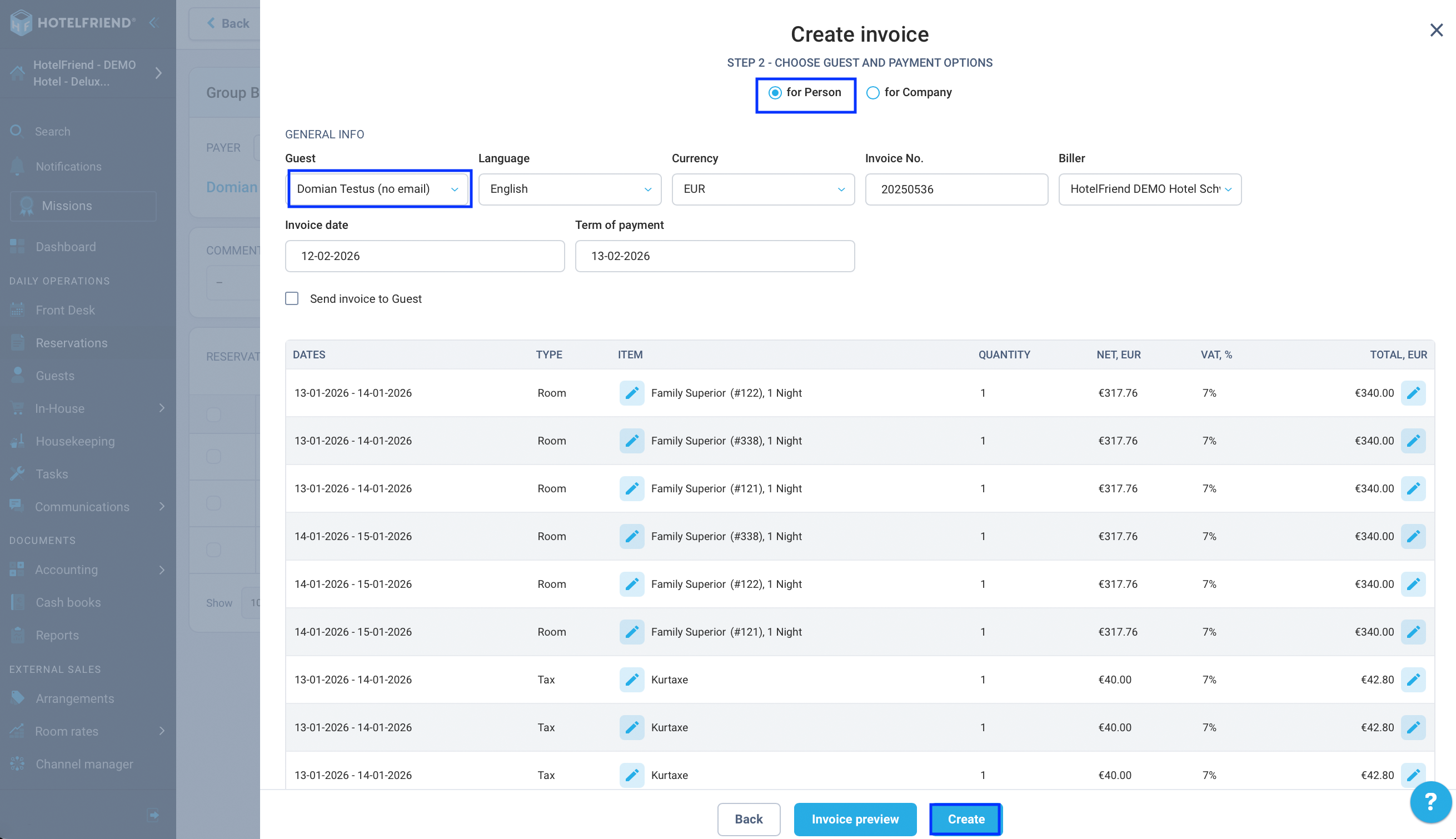 Dialog for creating group invoice with item selection
