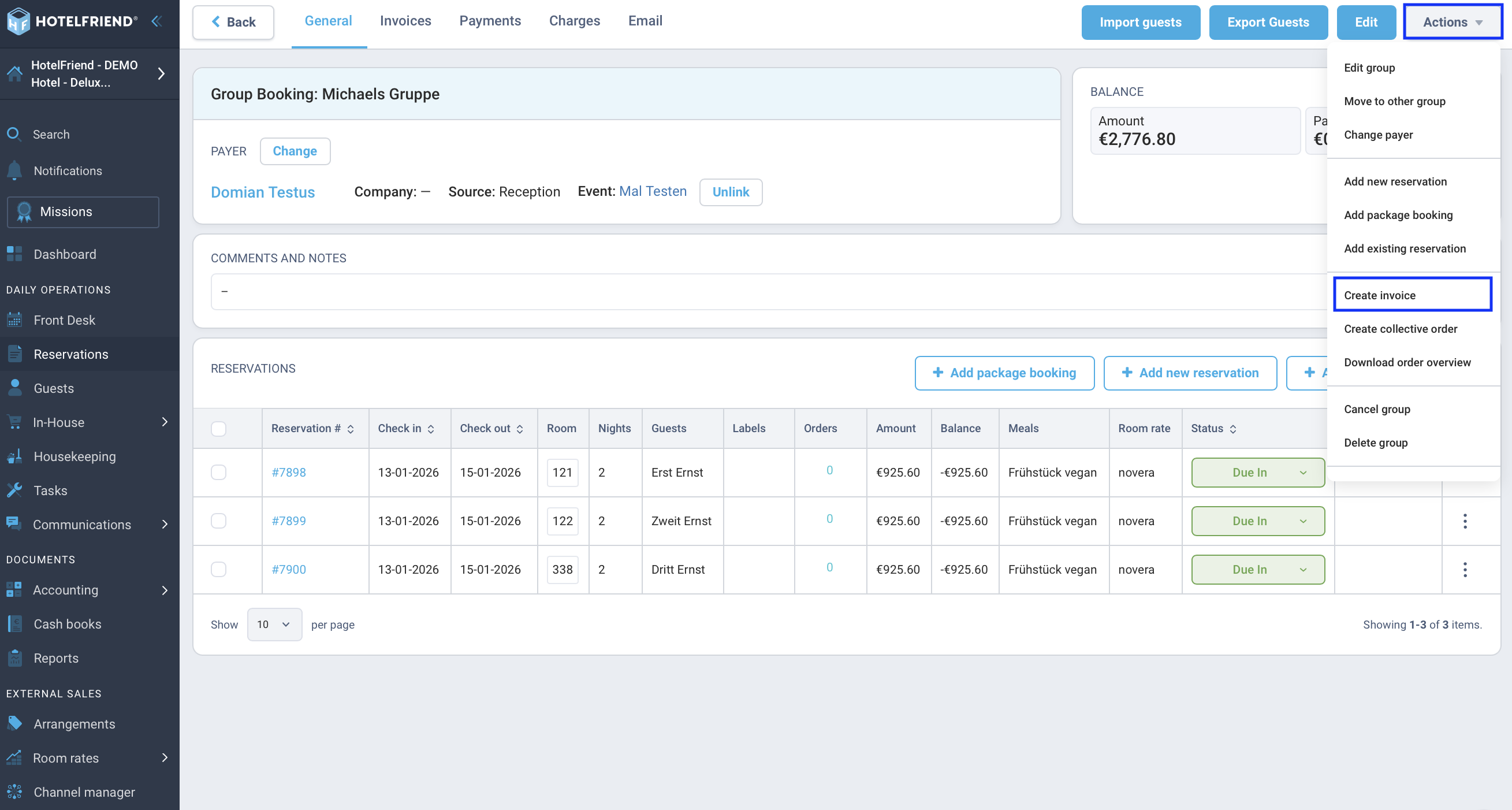 Create group invoice from the action menu of a group