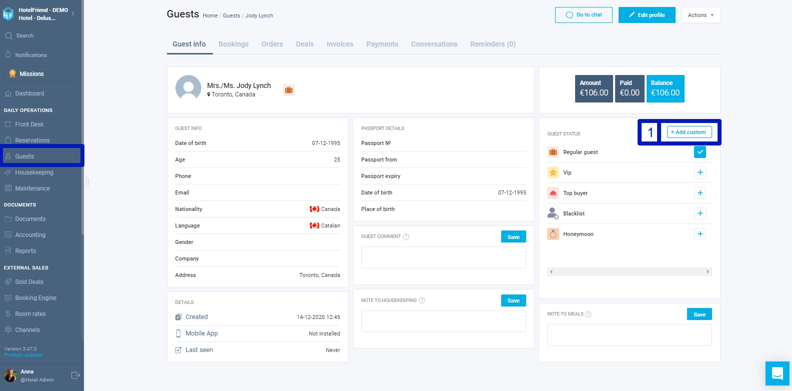 How to assign a custom status to the guest