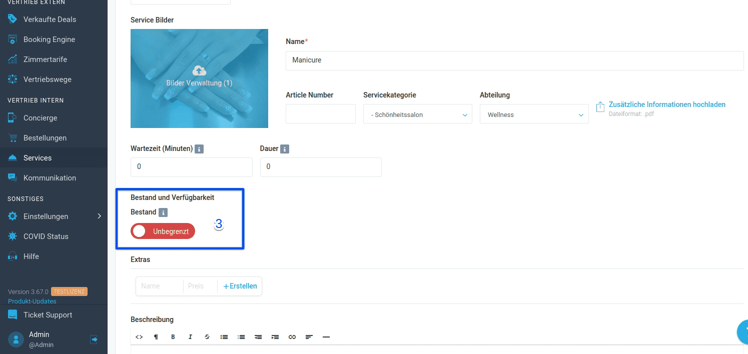 Lagerbestand und Verfügbarkeit von Services einrichten