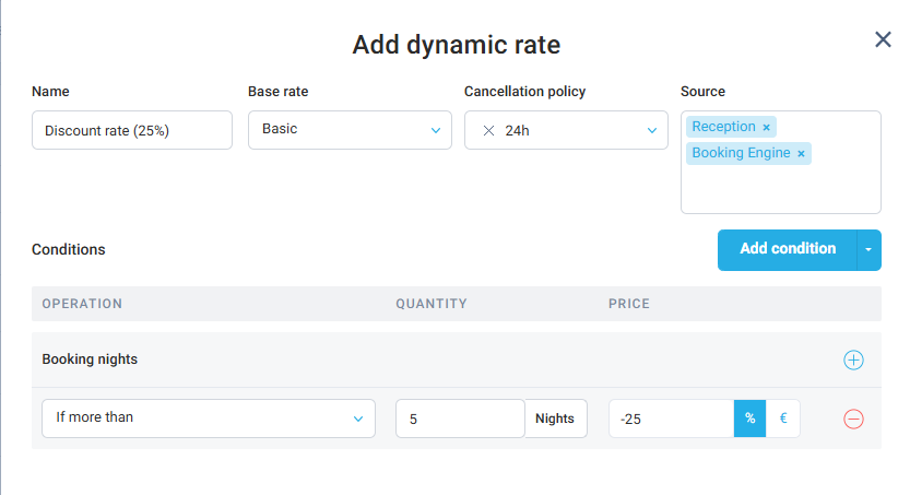Let’s say you want to create a 25% discount for bookings longer than 5 nights.