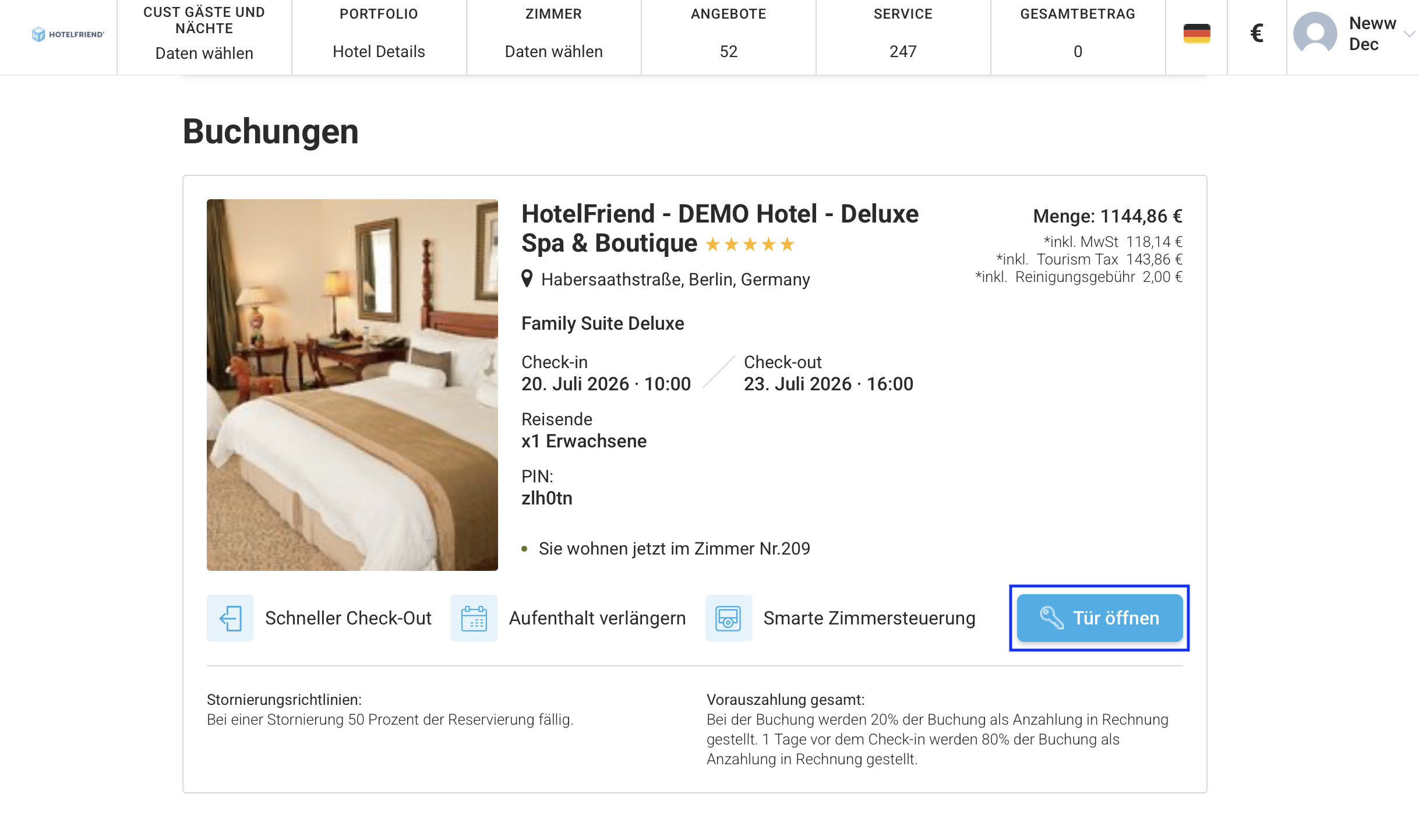 Tür öffnen in der Booking Engine