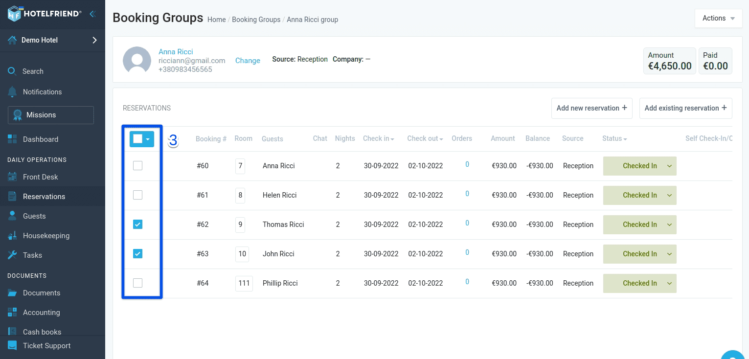 Select the reservations that you want to remove from the group by marking the checkboxes near them.