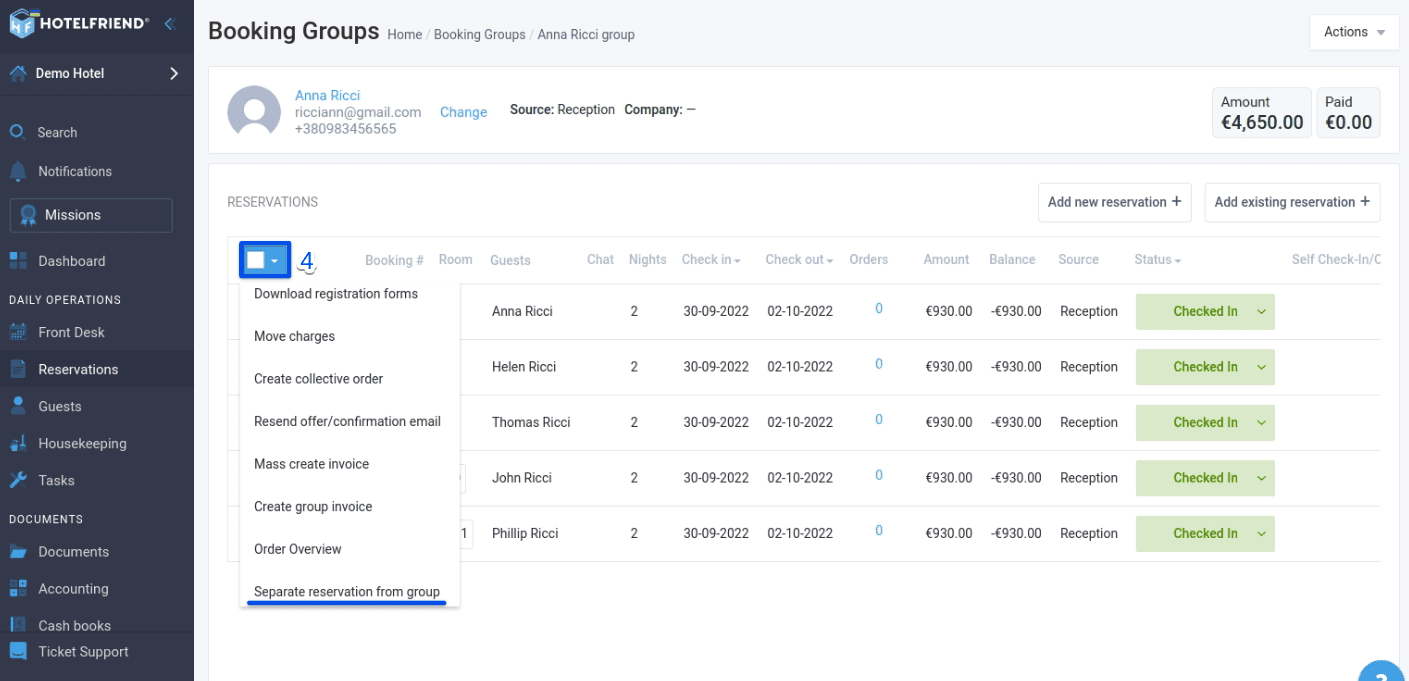Use the quick action menu and select Separate reservation from the group.