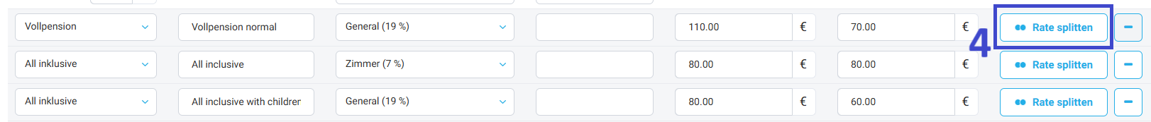 Suchen Sie die gewünschte Verpflegung Rate und klicken Sie auf Rate splitten.