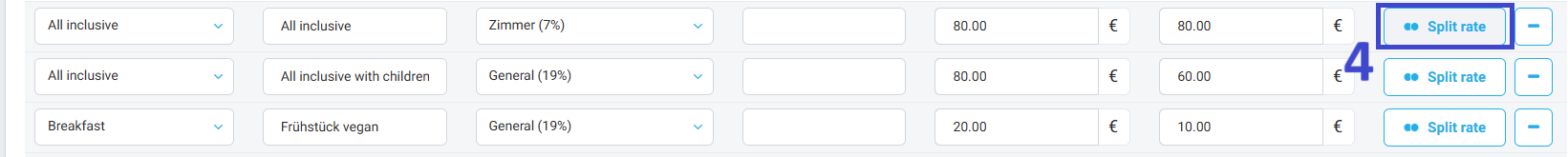 Find the meal rate you want to configure and click Split rate.