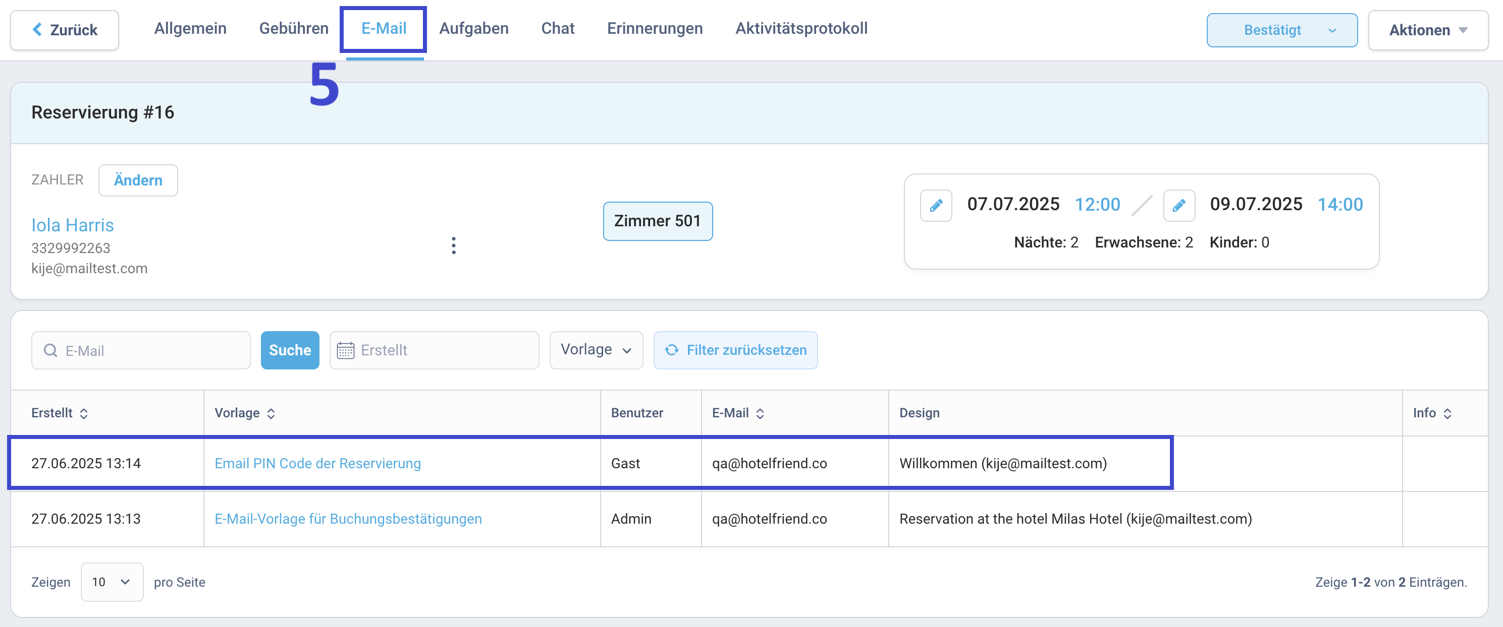 Die E-Mail wird sofort versendet und erscheint im Reiter E-Mail der Reservierung.