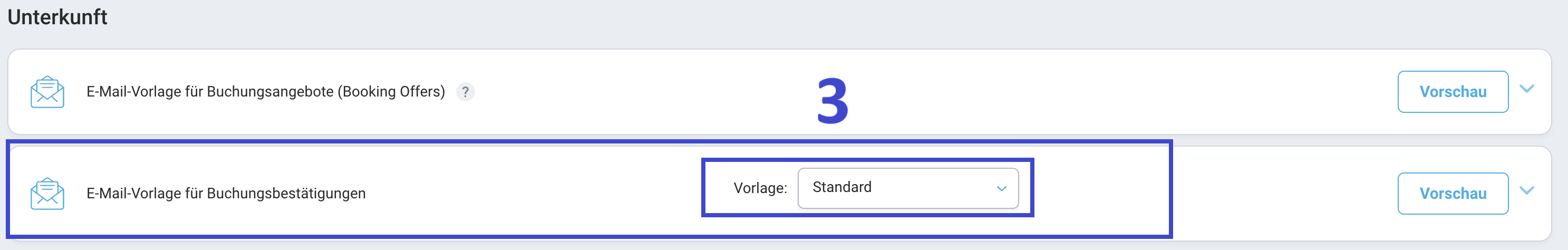 Suchen Sie die E-Mail-Vorlage für Buchungsbestätigungen und wählen Sie die Standardvorlage aus.