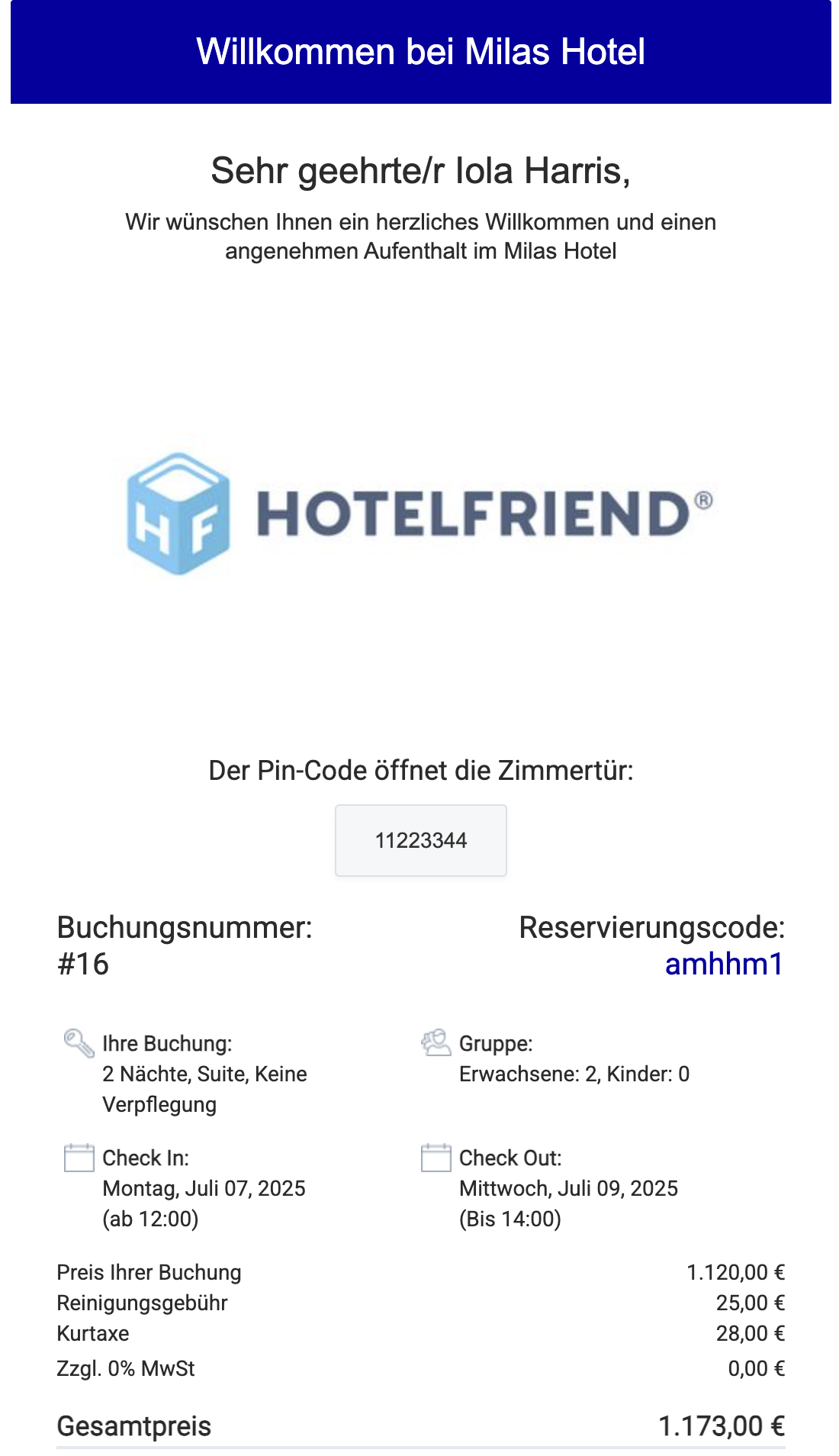 Geben Sie den Türcode in das Feld ein und klicken Sie auf Türcode senden.