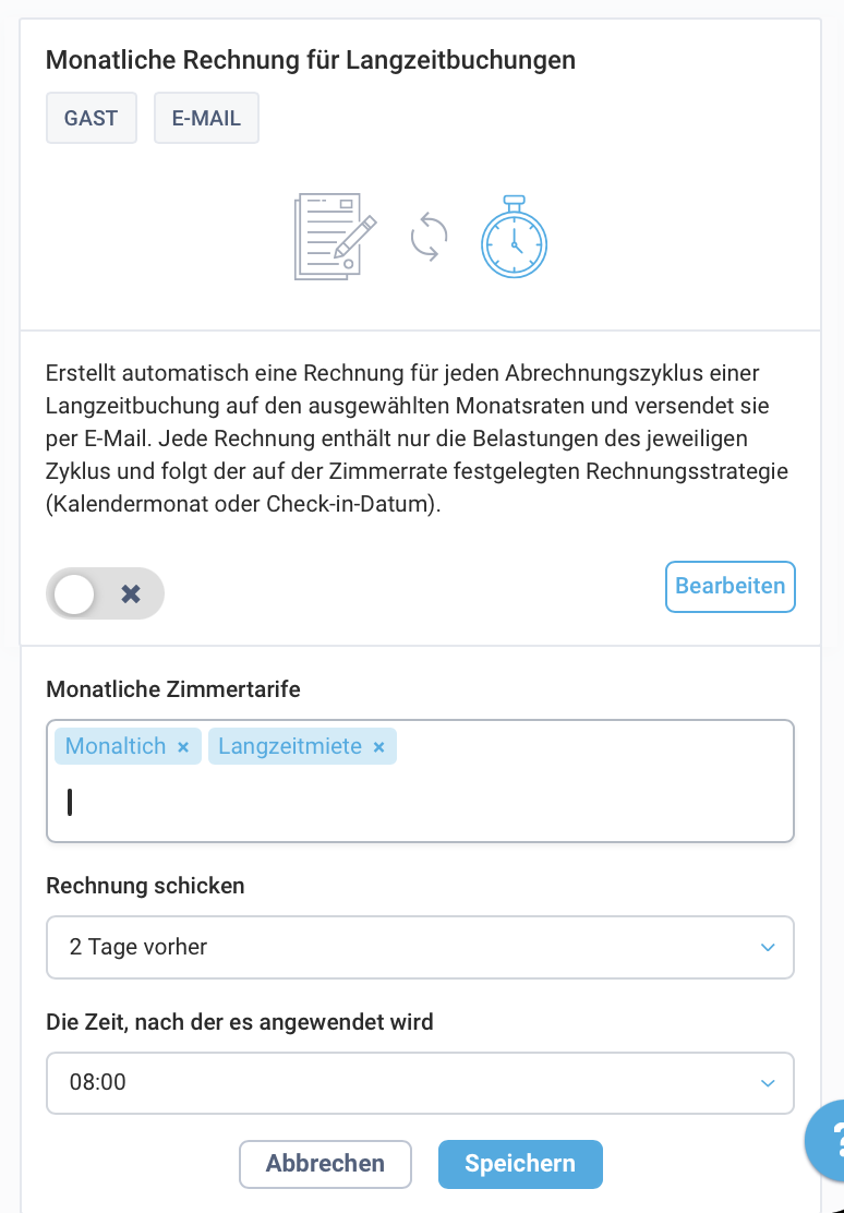 Detailansicht der Automation und Versandzeitpunkt