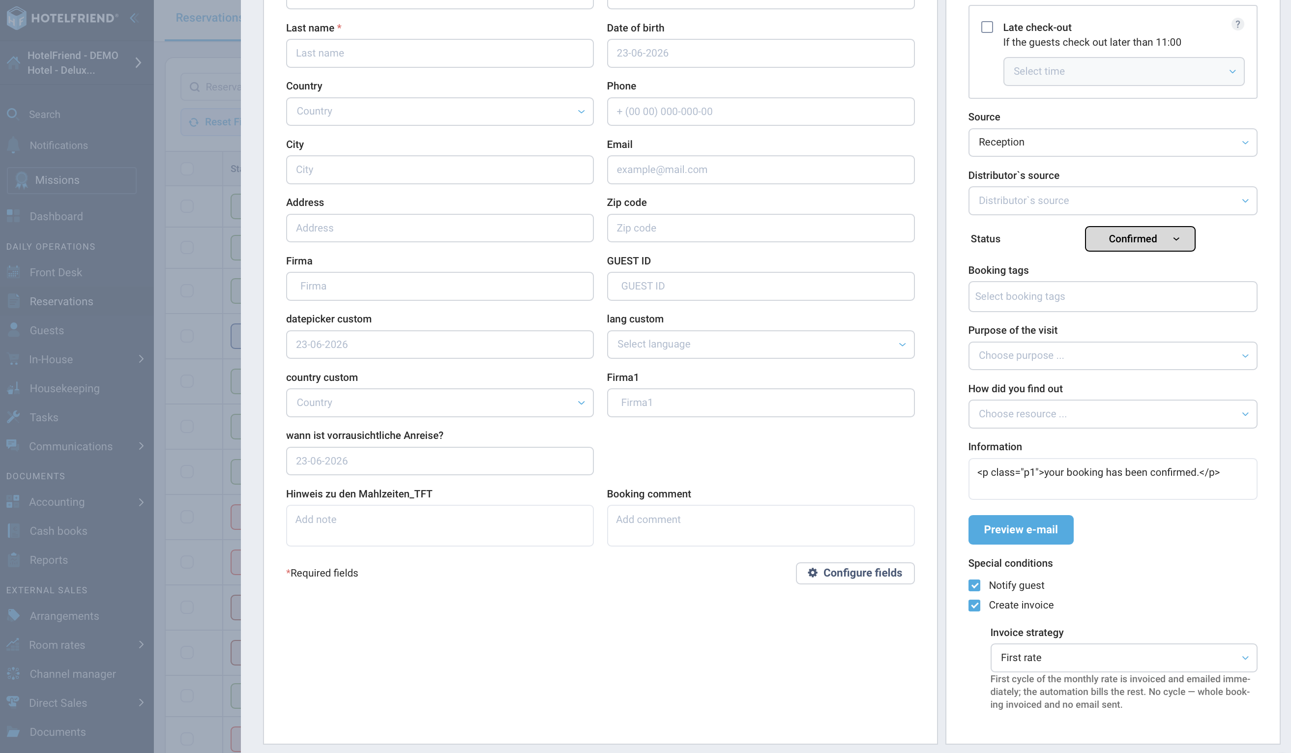 Reservation card with generated monthly invoices