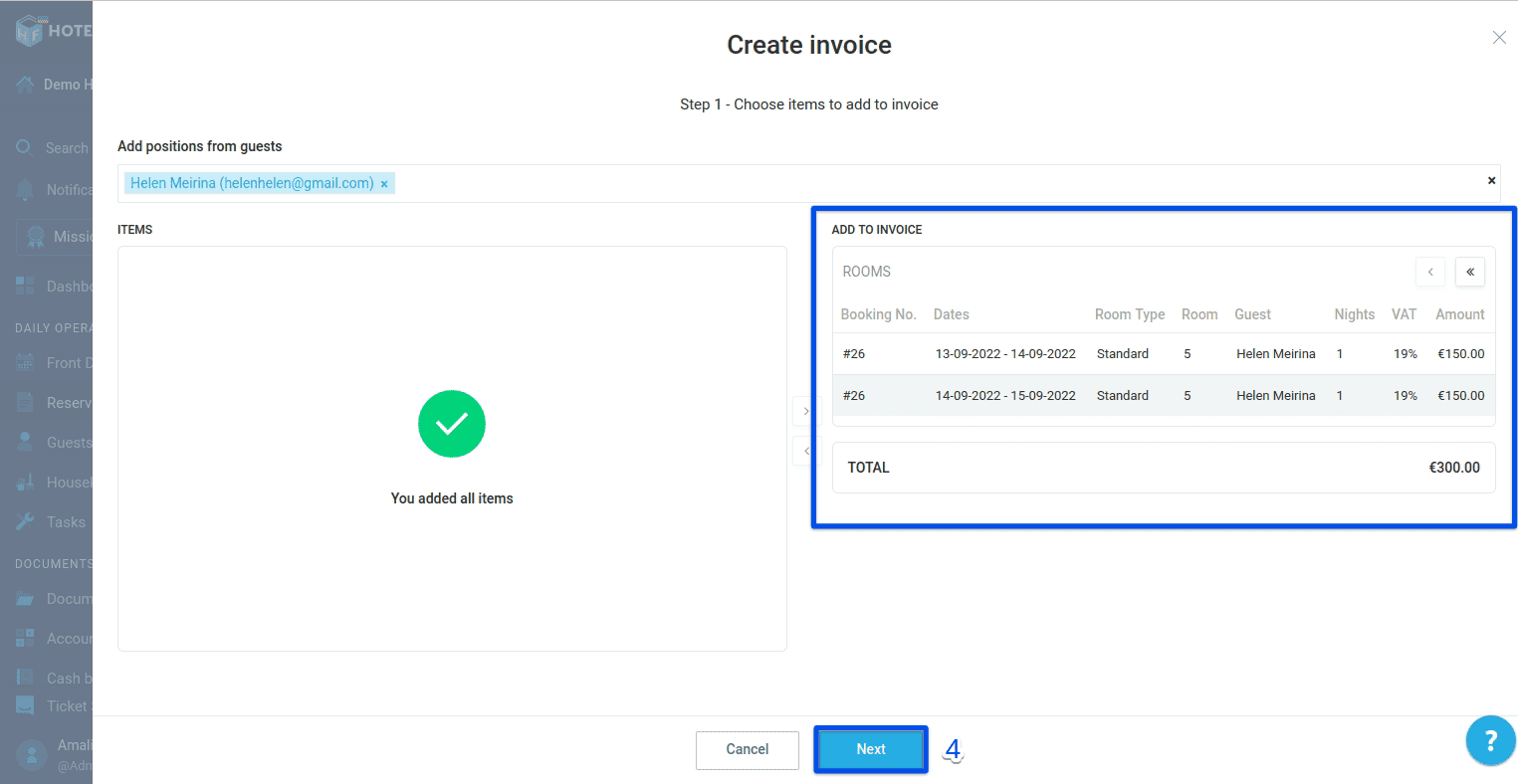Select the services that you want to include in the invoice and click Next.