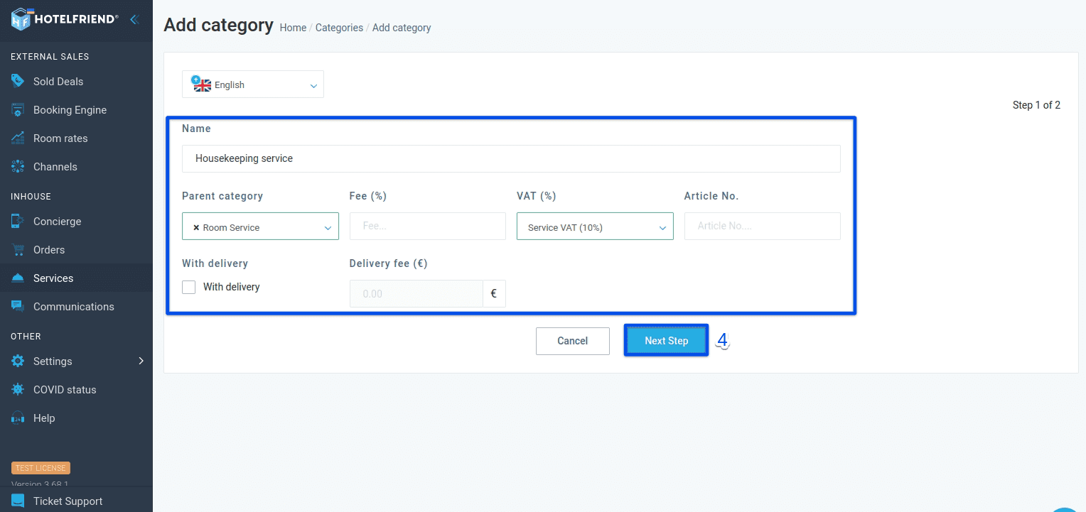 Fill in the Name, VAT (%), select Parent Category from the drop-down list, and click Next Step.