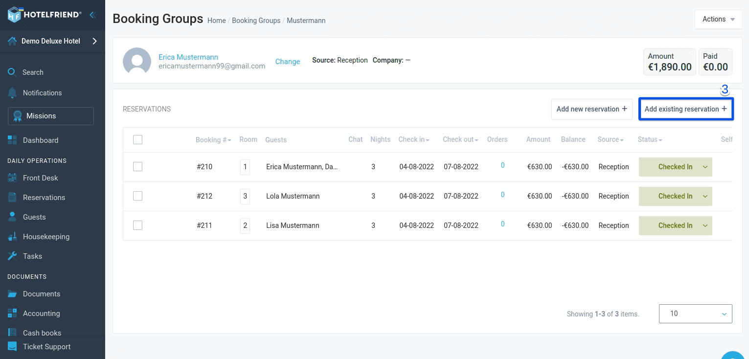 To add an existing reservation to a group booking, click Add existing reservation
