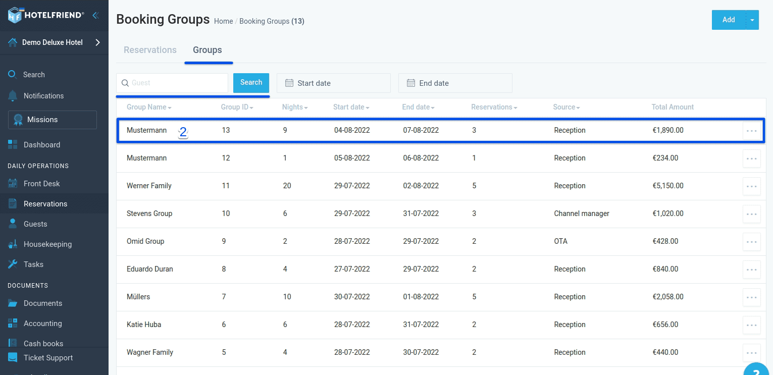 In Groups, select the group booking that you want to make changes to