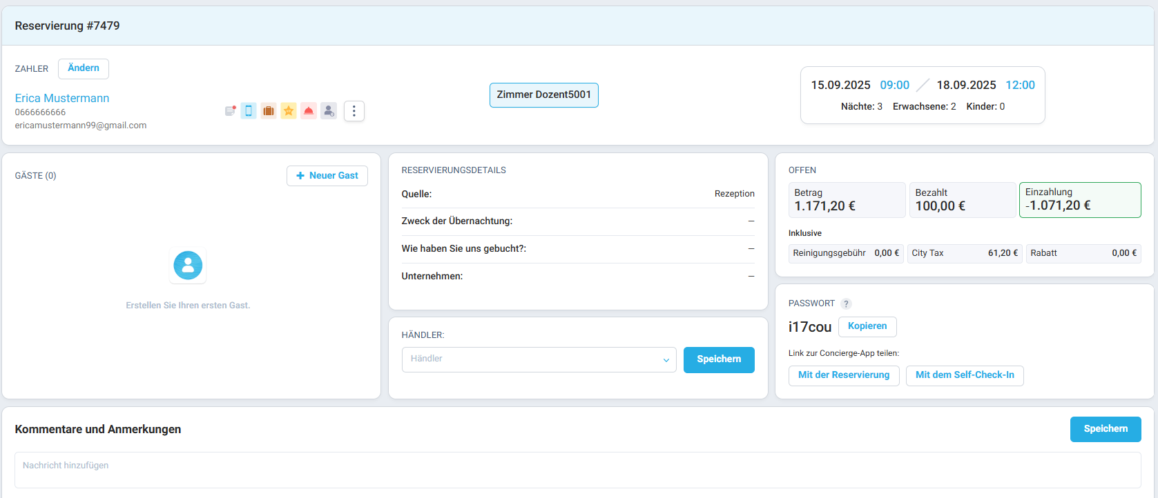 Der eingezahlte Betrag wird nun im Abschnitt Offen angezeigt. War das Einzahlung zuvor negativ, wird der ausstehende Betrag reduziert oder ausgeglichen. War es null, wird nun ein positiver Saldo angezeigt.